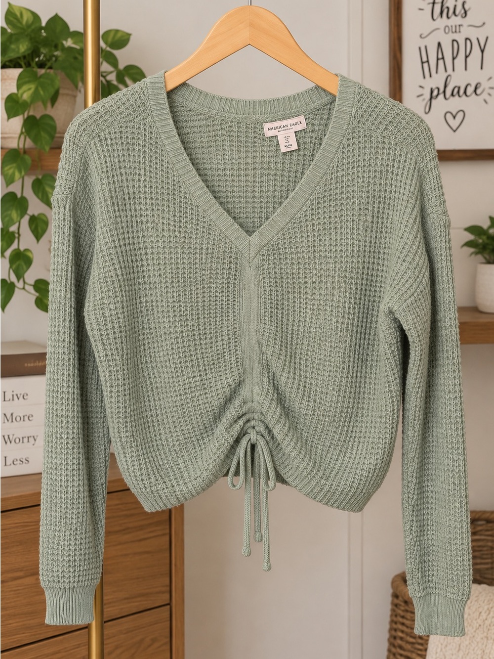 Sage Green V-Neck Drawstring Waffle Knit Sweater L